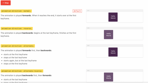 four cubes with CSS animation-direction property set to normal, reverse, alternate, alternate-reverse